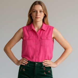 Coastal Pink Sleeveless Button Up Shirt Linen Blend Size 2X Summer Siesta‎ Key